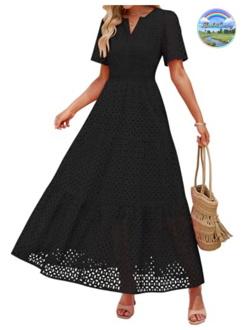 V Neck Eyelet Maxi Dress with Pockets, Rayon